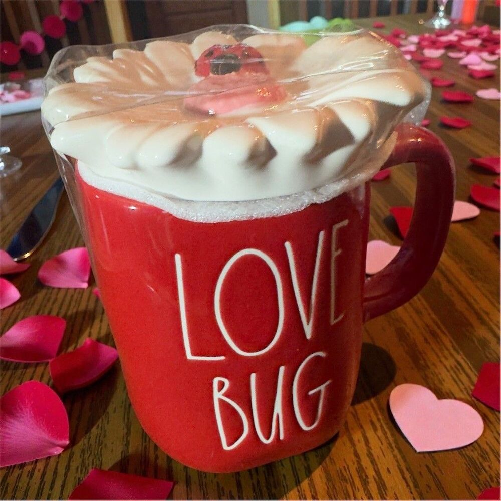 Rae Dunn LOVE BUG Mug Red w/ Daisy Lid & Ladybug Topper Valentine's Day NEW